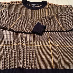 Nautica Men's plaid  Navy and Tan Crewneck Sweater